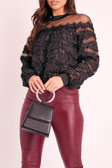 Black Mesh Top Sequin Detail Top - Iria-Tops