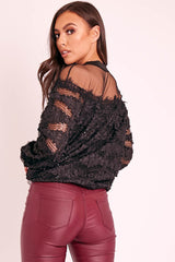 Black Mesh Top Sequin Detail Top - Iria-Tops