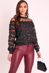 Black Mesh Top Sequin Detail Top - Iria-Tops