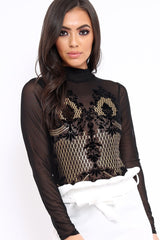 Black Mesh Velvet Applique Gold Stud Bodysuit - Jordanna-Bodysuits