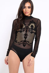 Black Mesh Velvet Applique Gold Stud Bodysuit - Jordanna-Bodysuits