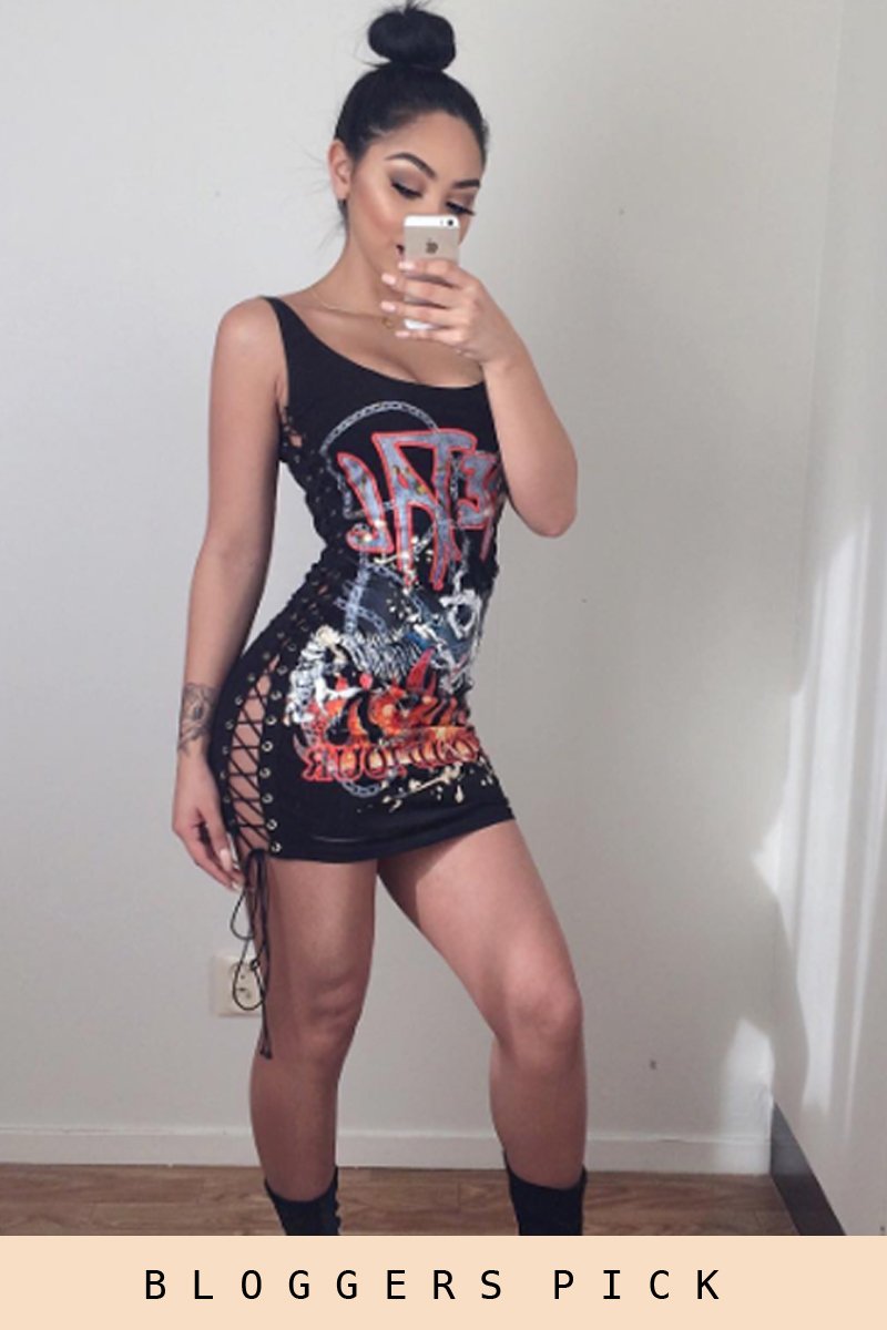 Black Metal Graphic Print Lace Up Sides T Shirt Dress - Callie Black Metal Graphic Print Lace Up Sides T Shirt Dress - Callie