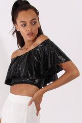 Black Metallic Bardot Frill Crop Top - Ariana-Crop Tops
