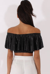 Black Metallic Bardot Frill Crop Top - Ariana-Crop Tops