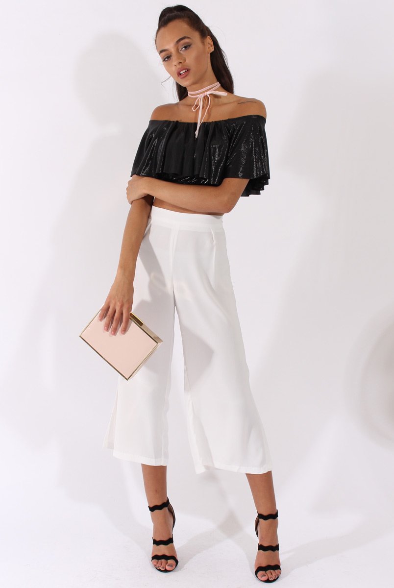 Black Metallic Bardot Frill Crop Top - Ariana-Crop Tops