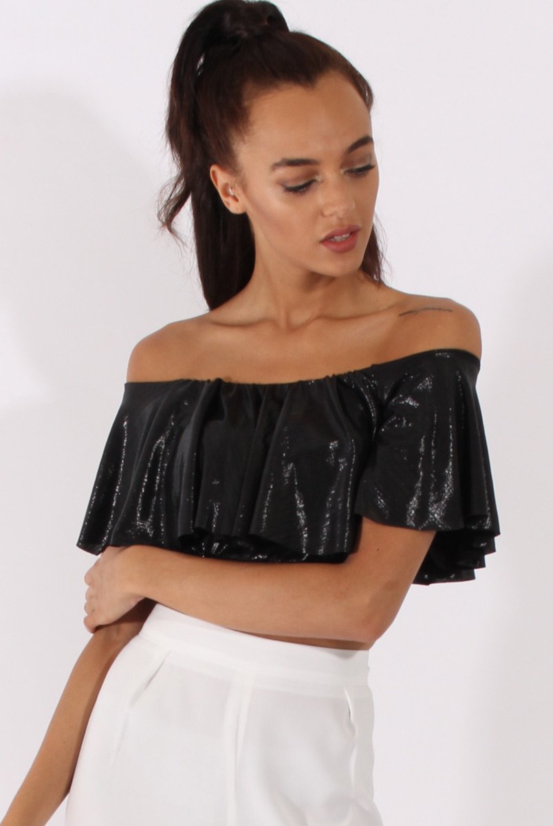 Black Metallic Bardot Frill Crop Top - Ariana-Crop Tops
