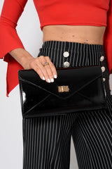 Black Metallic Envelope Chain Strap Clutch Bag - Jasey-Bags