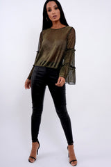 Black Metallic Frill Detail Flare Sleeve Top - Cindy-Tops