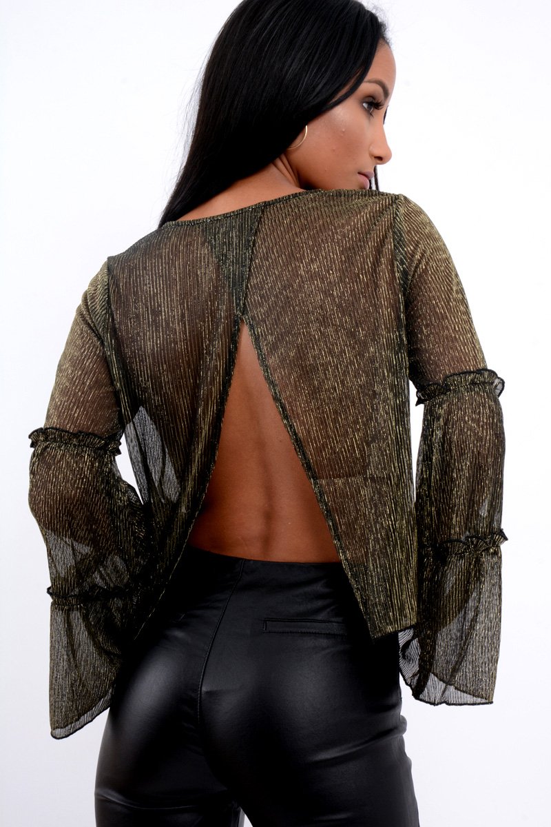 Black Metallic Frill Detail Flare Sleeve Top - Cindy-Tops
