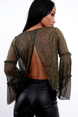 Black Metallic Frill Detail Flare Sleeve Top - Cindy-Tops