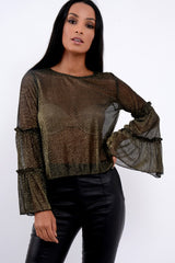 Black Metallic Frill Detail Flare Sleeve Top - Cindy-Tops