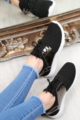 Black Metallic Lace Up Trainers - Kenly-Trainers