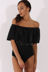 Black Metallic Pleated Bardot Bodysuit - Aubree-Bodysuits