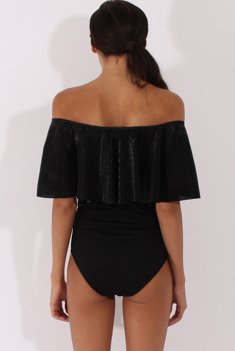 Black Metallic Pleated Bardot Bodysuit - Aubree-Bodysuits