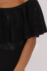 Black Metallic Pleated Bardot Bodysuit - Aubree-Bodysuits