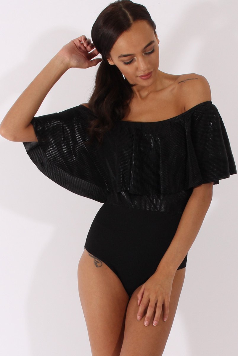 Black Metallic Pleated Bardot Bodysuit - Aubree-Bodysuits