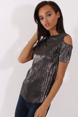 Black Metallic Pleated Cold Shoulder Top - Elara-Tops