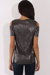 Black Metallic Pleated Cold Shoulder Top - Elara-Tops
