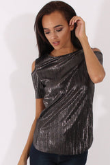 Black Metallic Pleated Cold Shoulder Top - Elara-Tops
