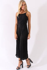 Black Metallic Pleated Cropped Jumpsuit - Arabella-Jumpsuits