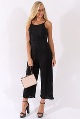 Black Metallic Pleated Cropped Jumpsuit - Arabella-Jumpsuits