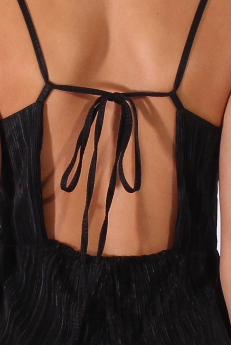 Black Metallic Pleated Cropped Jumpsuit - Arabella-Jumpsuits