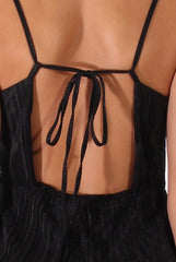 Black Metallic Pleated Cropped Jumpsuit - Arabella-Jumpsuits