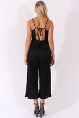 Black Metallic Pleated Cropped Jumpsuit - Arabella-Jumpsuits