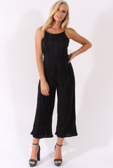 Black Metallic Pleated Cropped Jumpsuit - Arabella-Jumpsuits