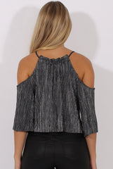Black Metallic Pleated Drawstring Halter Cold Shoulder Top - Dixie-Tops