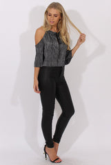 Black Metallic Pleated Drawstring Halter Cold Shoulder Top - Dixie-Tops