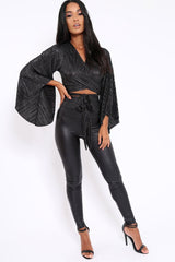 Black Metallic Plisse Wrap Tie Crop Blouse - Kay-Tops