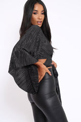 Black Metallic Plisse Wrap Tie Crop Blouse - Kay-Tops