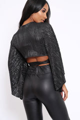 Black Metallic Plisse Wrap Tie Crop Blouse - Kay-Tops