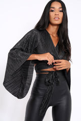 Black Metallic Plisse Wrap Tie Crop Blouse - Kay-Tops