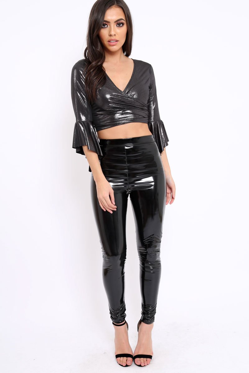 Black Metallic Plunge Bell Sleeve Crop Top - Merla-Crop Tops
