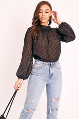 Black Metallic Polka Pleated Front Blouse - Cabella-Blouse