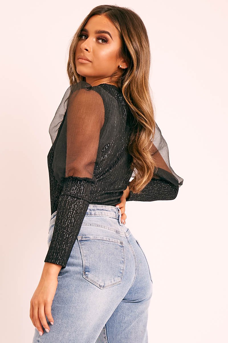 Black Metallic Puff Sleeve High Neck Top - Blaike-Tops