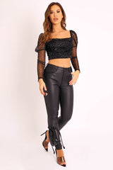 Black Metallic Sequin Embellished Crop Top - Bronte-Crop Tops