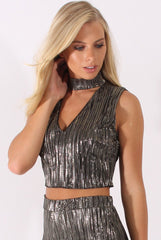 Black Metallic Shimmer Pleated High Neck Cut Out Crop Top - Polly-Crop Tops
