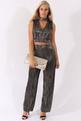 Black Metallic Shimmer Pleated High Neck Cut Out Crop Top - Polly-Crop Tops