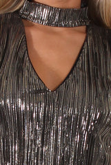 Black Metallic Shimmer Pleated High Neck Cut Out Crop Top - Polly-Crop Tops