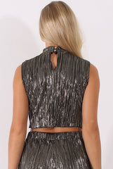 Black Metallic Shimmer Pleated High Neck Cut Out Crop Top - Polly-Crop Tops