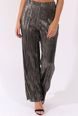 Black Metallic Shimmer Pleated High Waisted Trousers - Phoebe-Trousers
