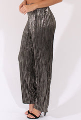Black Metallic Shimmer Pleated High Waisted Trousers - Phoebe-Trousers