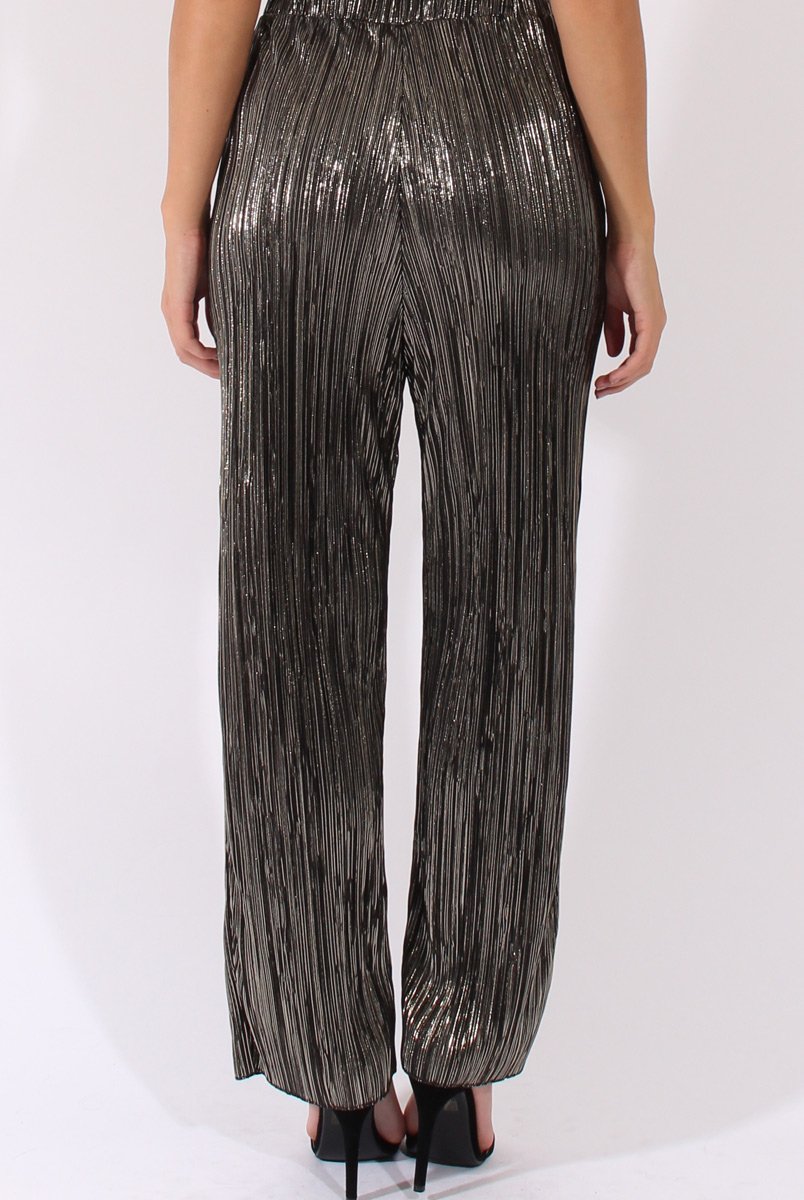 Black Metallic Shimmer Pleated High Waisted Trousers - Phoebe-Trousers