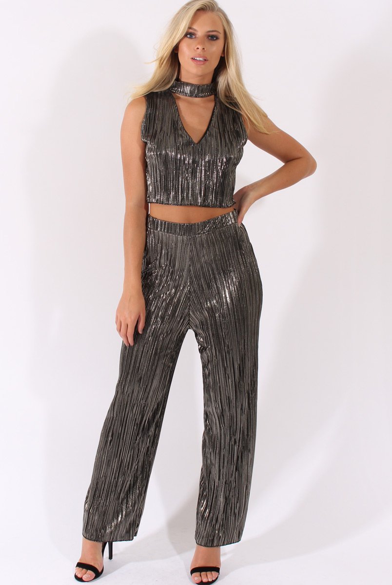 Black Metallic Shimmer Pleated High Waisted Trousers - Phoebe-Trousers