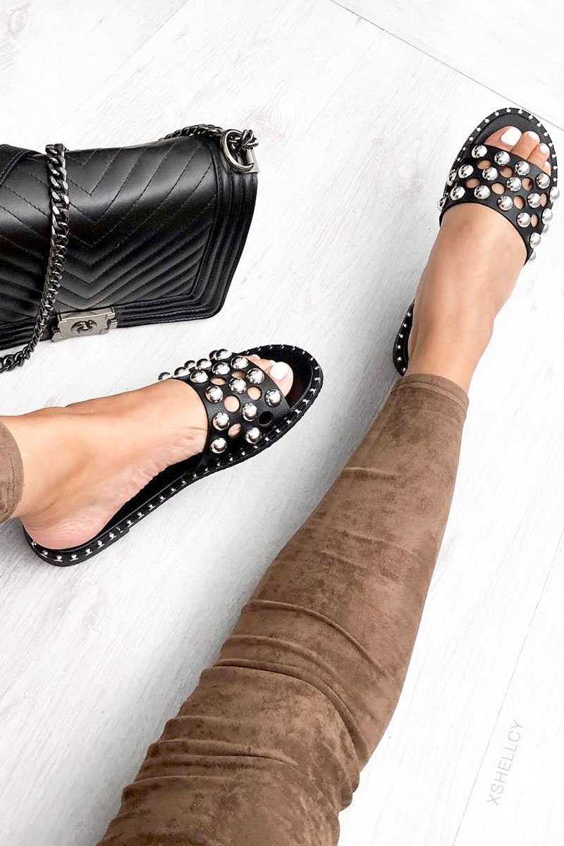 Black Metallic Studded PU Sliders - Macey-Sliders