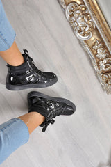 Black Metallic and Shimmer Effect High Top Lace Up Trainers - Dessie-Trainers