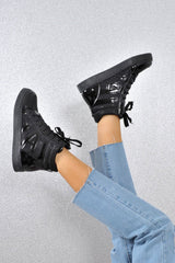 Black Metallic and Shimmer Effect High Top Lace Up Trainers - Dessie-Trainers